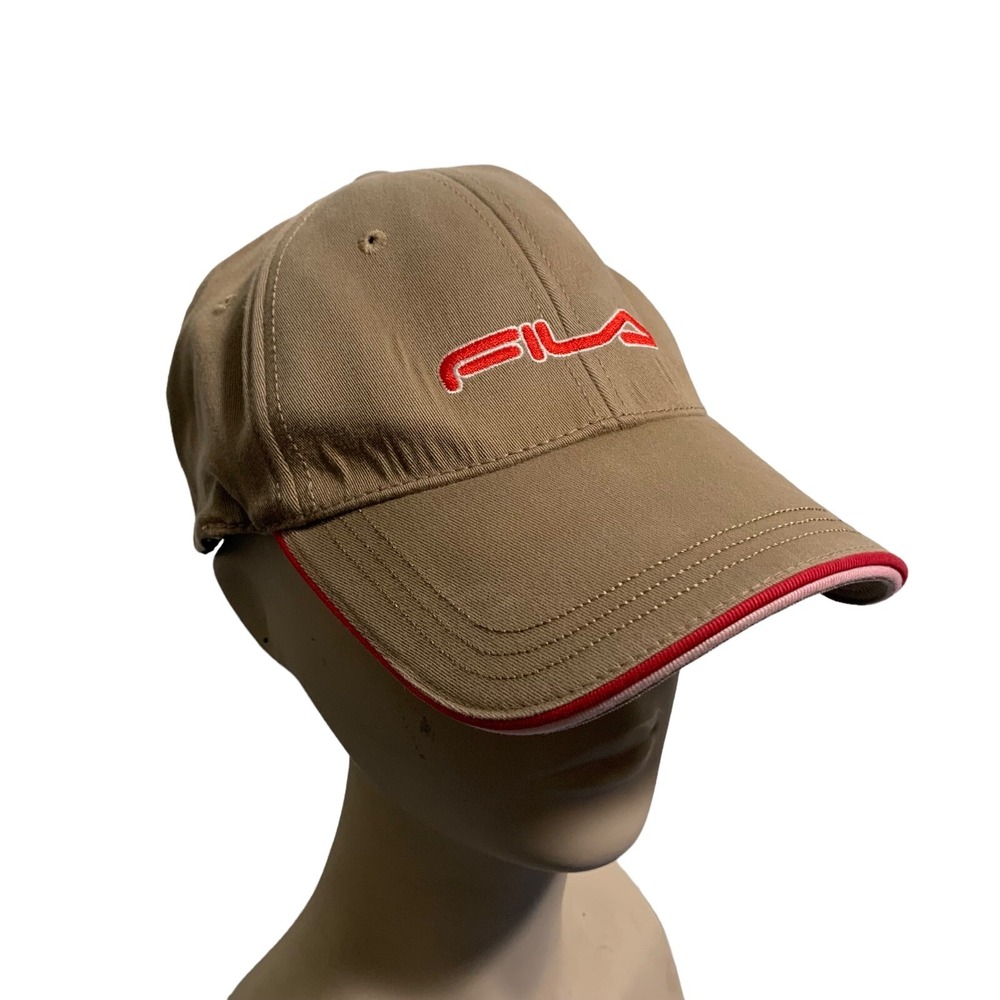 Vintage Cap FILA L/XL Cotton/spandex Unisex baseball hat beige red Logo